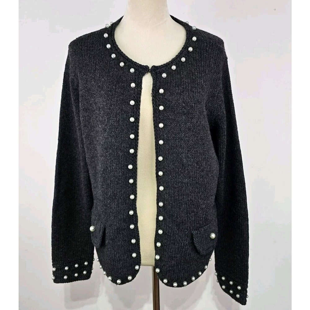 Nine West Women's 1X‎ Wool Blend Cardigan Pearl Accent Black Elegant Classic Vtg